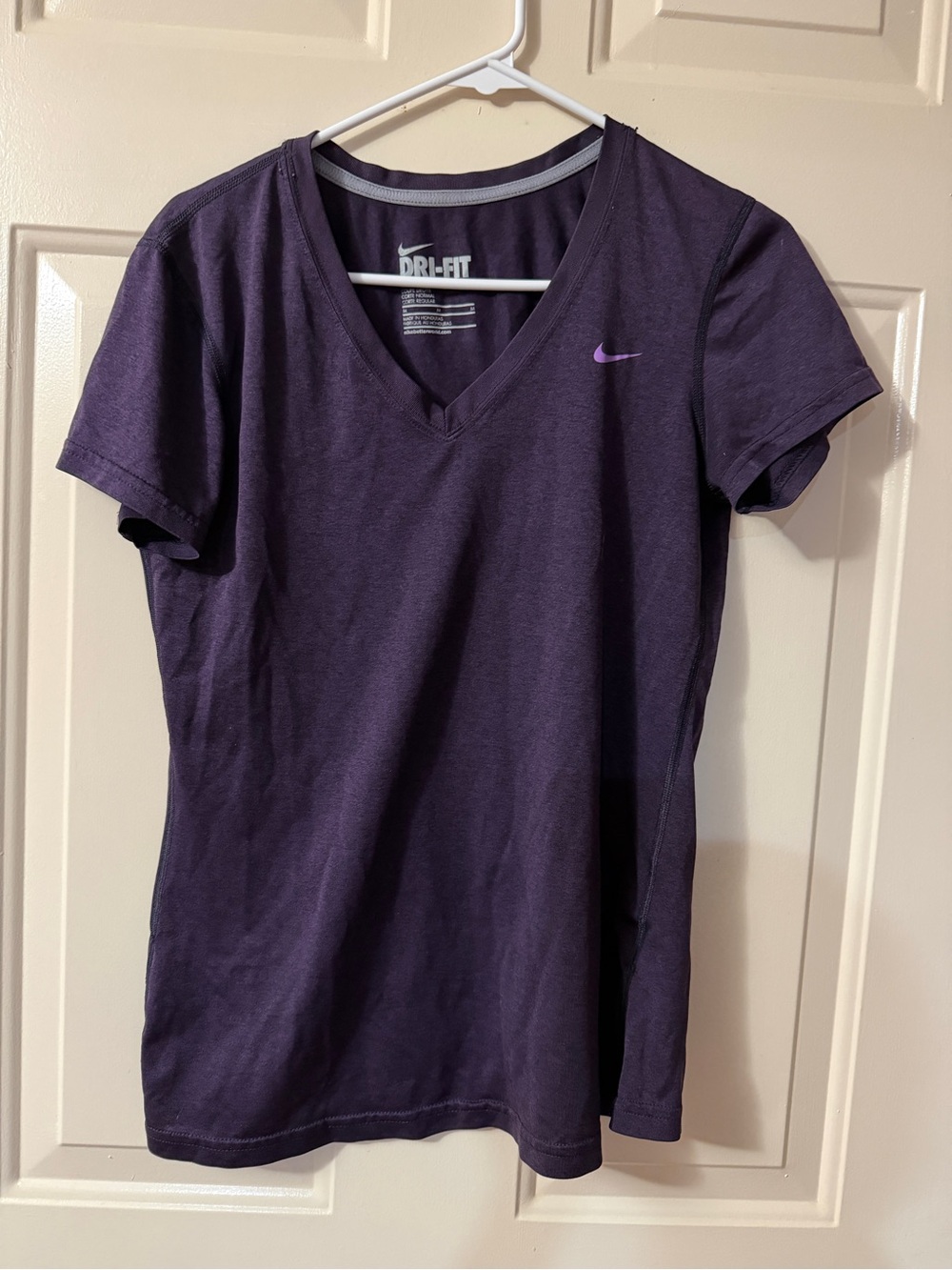 Nike Women's Dri-FIT V-Neck Tee in Deep Purple with Light Purple Swoosh